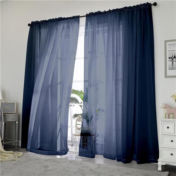 Sheer Navy Blue Curtains 84 inch Length 2 Panels Set for Living Room/Bedroom - Picture 1 of 6